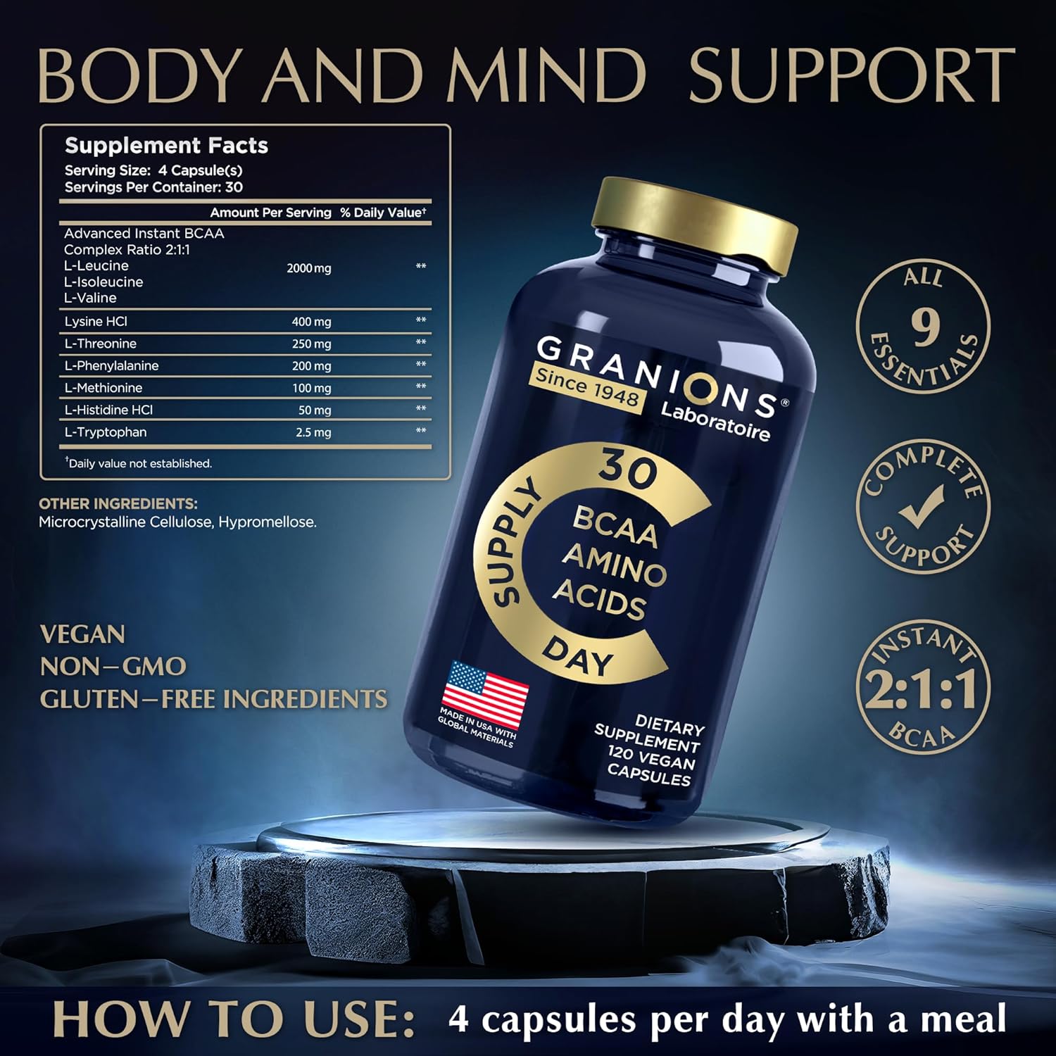 Essential Amino Acids Supplement For Men & Women - All 9 Bcaas Eaa Supplements Formula - Leucine Amino Acid, Lysine, Tryptophan, Advanced Amino Energy & Muscle Recovery - 240 Vegan Bcaa Capsules : Health & Household