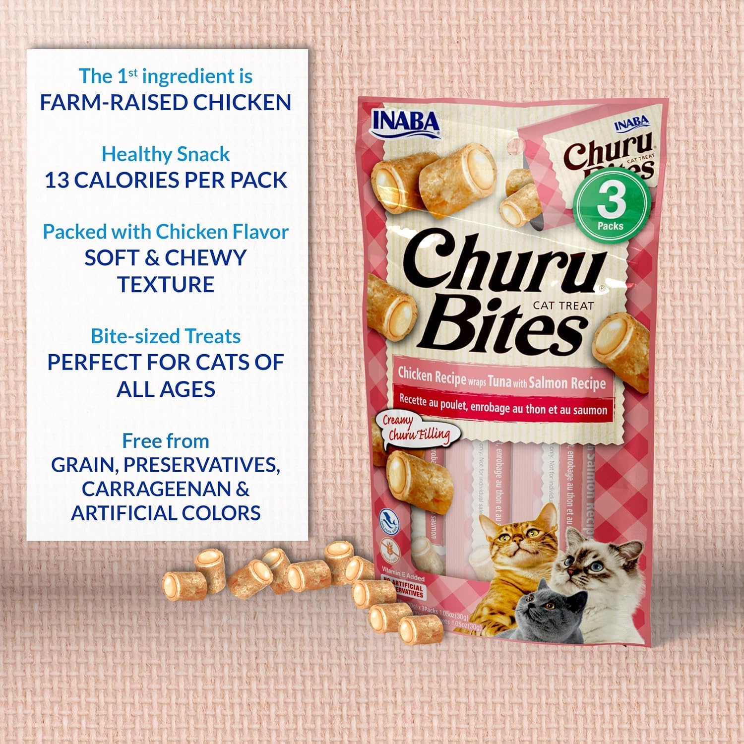 INABA Churu Bites for Cats, Soft Baked Chicken Churu Filled Cat Treats with Green Tea Extract, 0.35 Ounces Each Tube, 12 Tubes Total, 4 Flavor Variety : Pet Supplies