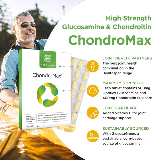 Healthspan High Strength Glucosamine & Chondroitin Joint Support | 500Mg Optiflex Glucosamine Hci & 400Mg Chondroitin Sulphate | Vitamin C For Joint Cartilage | Shellfish Free (120 Tablets)