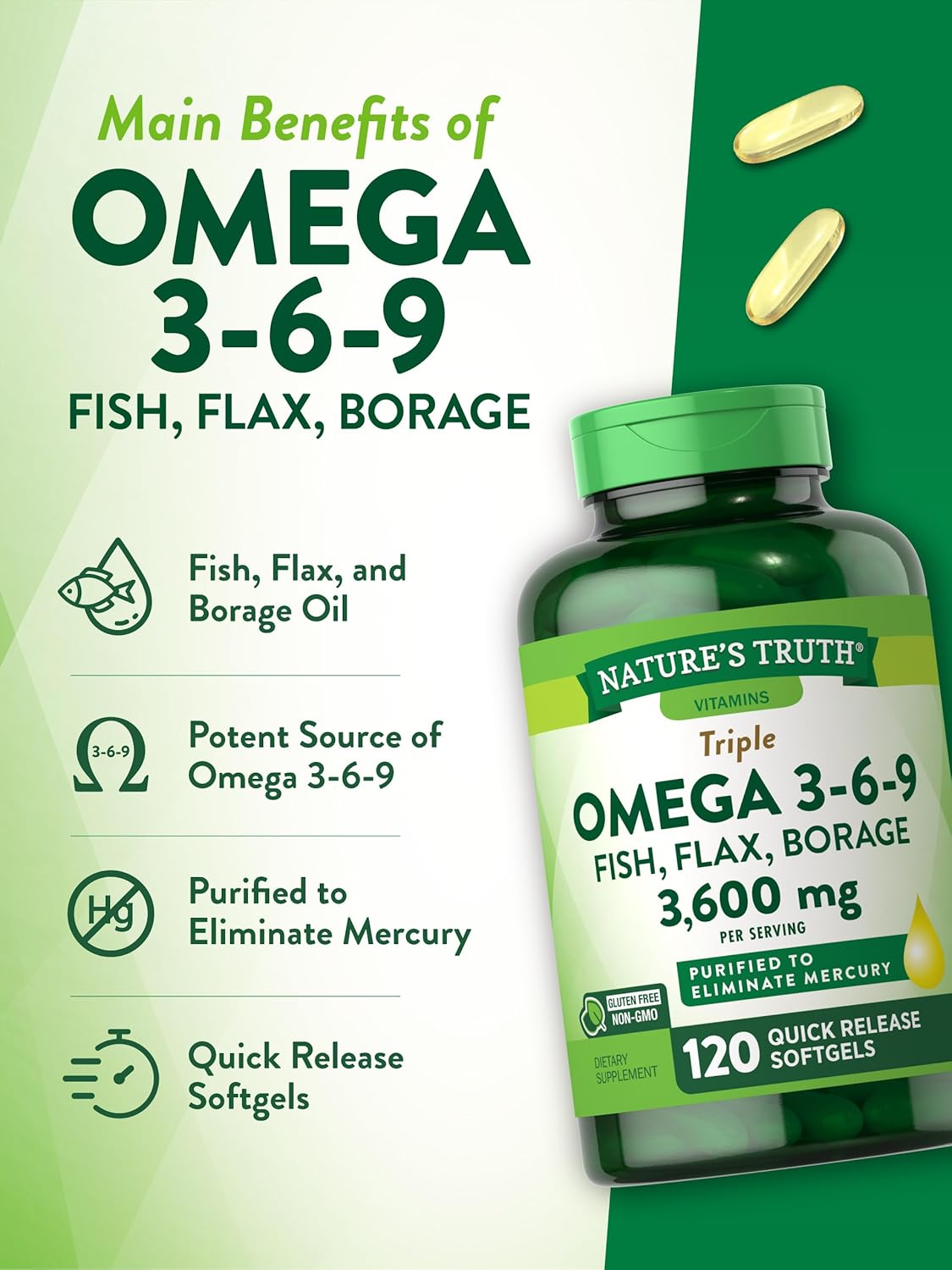 Nature's Truth Omega 3-6-9 Softgels | 3600mg | 120 Count | Fish, Flax, & Borage Oil | Triple Strength | Non-GMO & Gluten Free Supplement : Health & Household