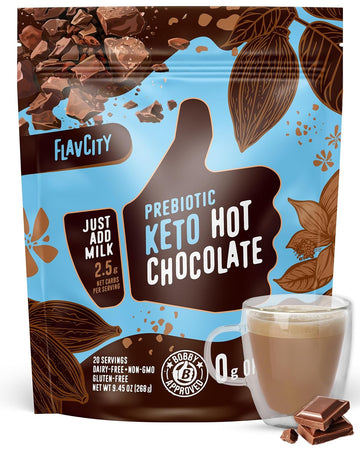 Flavcity Prebiotic Keto Hot Chocolate Mix - Vegan, Sugar & Dairy-Free Hot Chocolate - High Fiber, Low-Carb - 45 Calories Per Serving - With Organic Cocoa & Coconut Milk Powder (20 Servings)