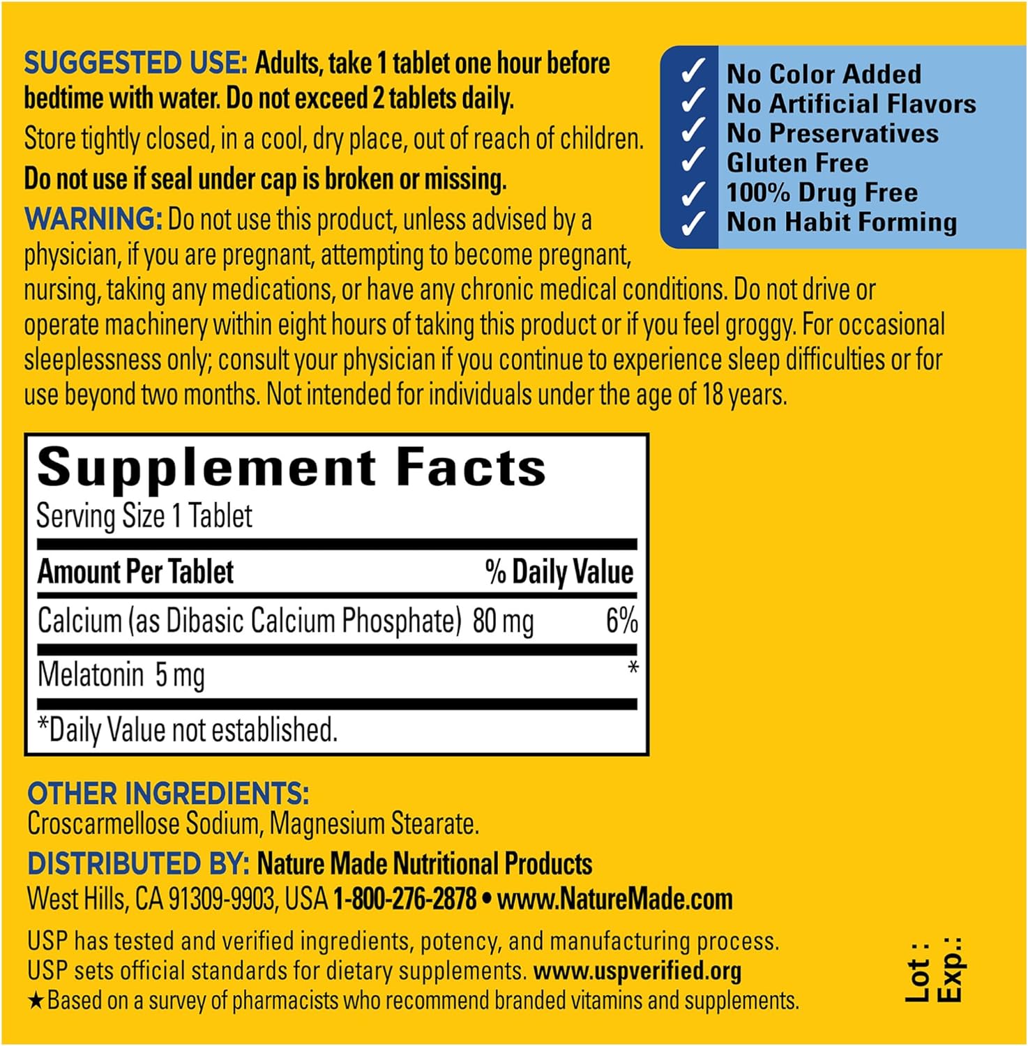 Nature Made Melatonin 5Mg Tablets Extra Strength, 100% Drug Free Sleep Aid For Adults, 90 Tablets, 90 Day Supply : Health & Household