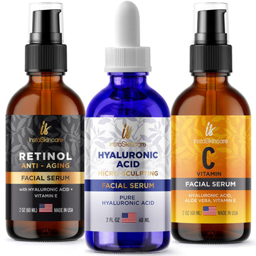 Pack Of 3 Vitamin C & Hyaluronic Acid & Retinol Serums Natural Skin Care Facial Treatment Neck & Chest Anti-Aging Serum Fights Pigmentation Fine Lines And Wrinkles