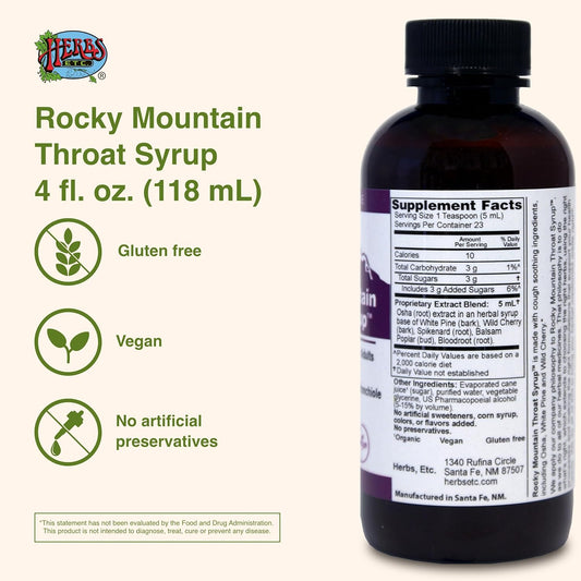 Herbs Etc. Rocky Mountain Throat Syrup - Supports Throat Wellness - Soothing Lung Health Support - Supports Sinus, Throat, Bronchiole & Lung Health - Gluten-Free & Vegan - 8 Fl Oz