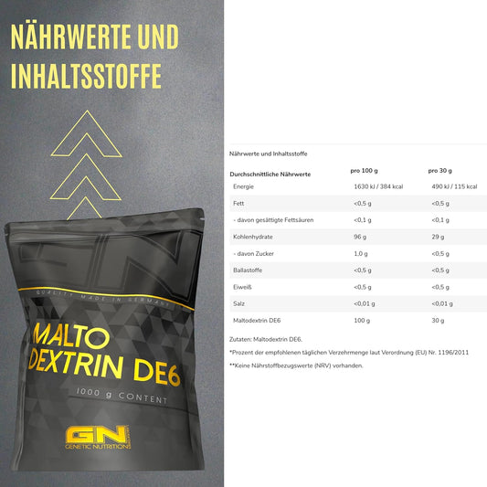 Gn Laboratories Maltodextrin De6 (1000 G) - Carbohydrate Source, 30 G Per Serving - Ideal For Training & Energy - Made In Germany
