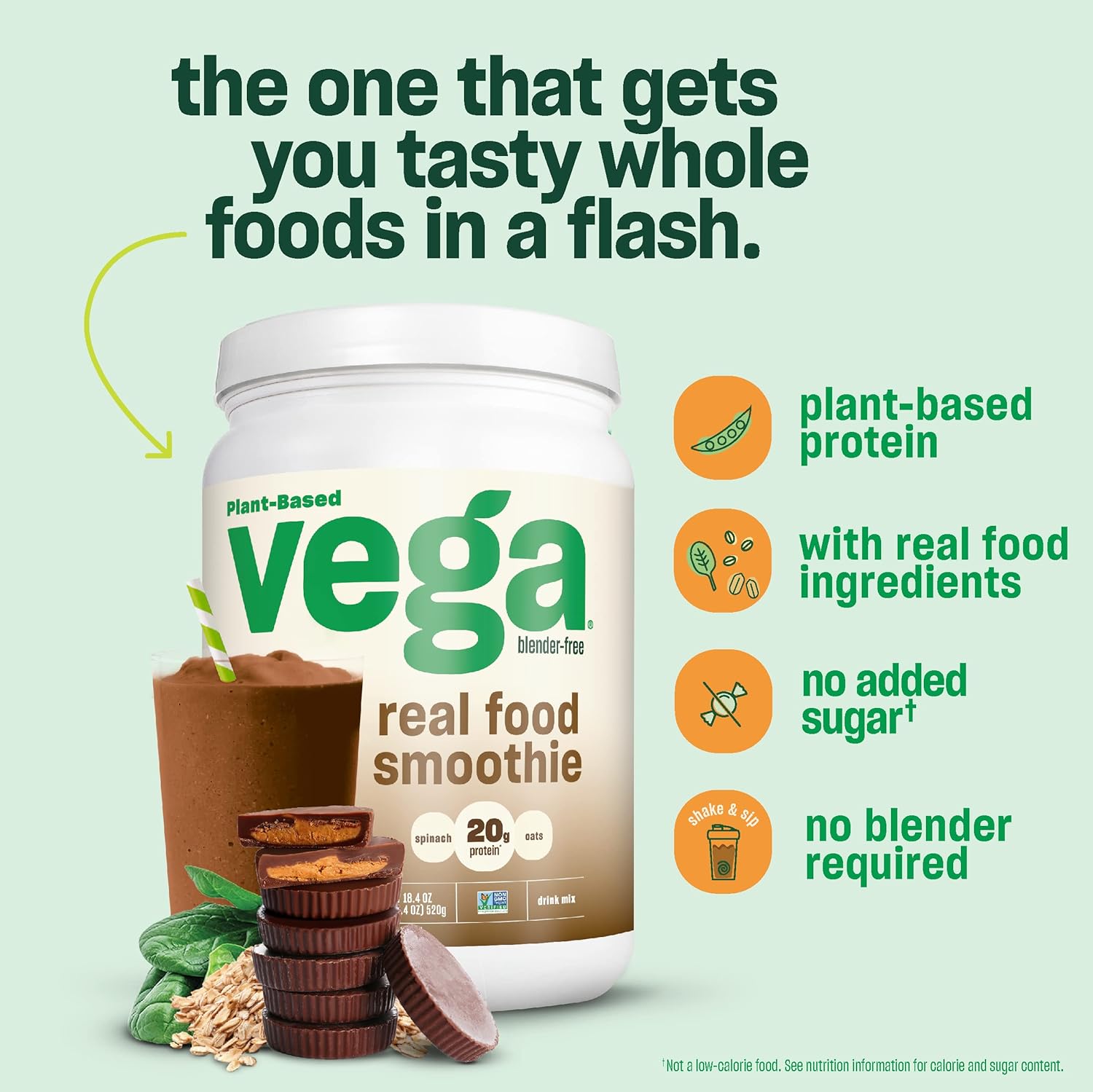 Vega Real Food Smoothie, Chocolate Peanut Butter Blast - Vegan Protein Powder, 20g Plant Based, No Blender Required, Gluten Free, Non GMO, Pea Protein for Women and Men, 1.24 lbs (Packaging May Vary) : Grocery & Gourmet Food