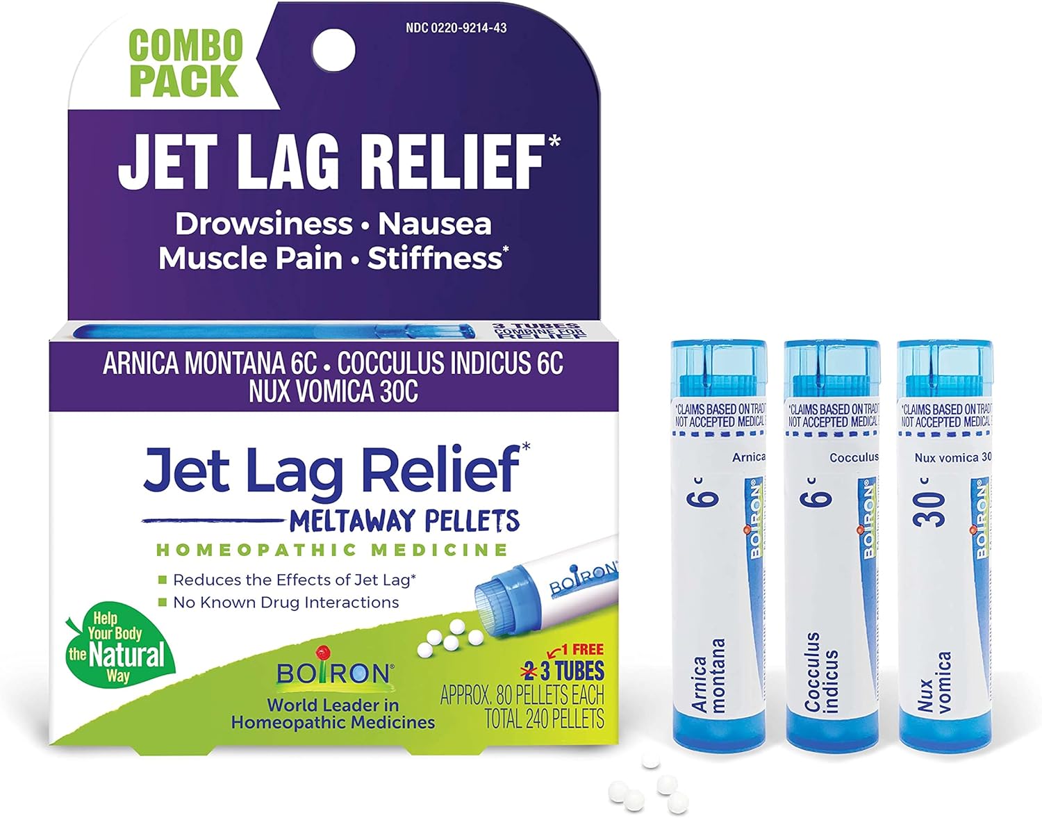 Boiron Jet Lag Relief Kit - Travel Essential For Relief From Nausea, Stiffness, Muscle Pain, And Drowsiness From Long Flights - 3 Count (240 Pellets)