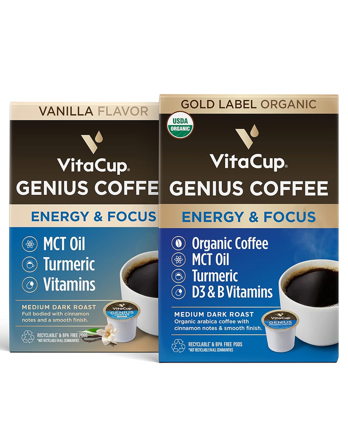 Vitacup Genius Organic & Genius Vanilla Coffee 32 Pod Bundle | Energy & Focus |Superfood & Vitamins Infused | Variety Pack Of (2) 16 Count Single Serve Recyclable Pods Compatible With K-Cup Brewers