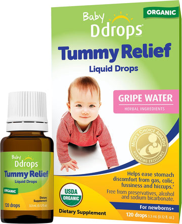 Ddrops Baby Tummy Relief Liquid Drops, Organic Gripe Water For Newborns, Relief From Gas, Colic, Fussiness And Hiccups, Just One Drop, Herbal Ingredients, 120 Drops