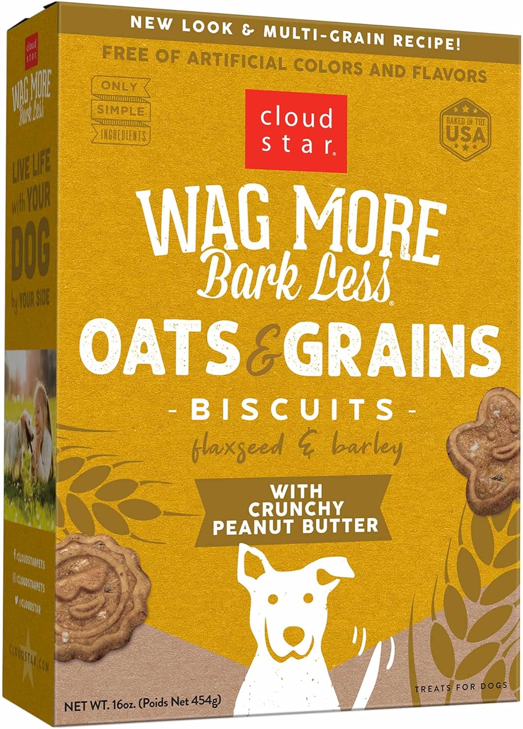 Cloud Star Wag More Bark Less Oats & Grains Crunchy Dog Treats, Peanut Butter, 16 Oz. Box