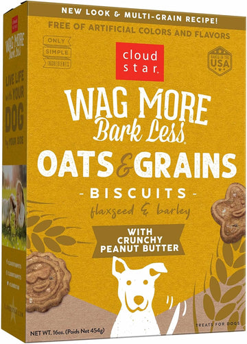 Cloud Star Wag More Bark Less Oats & Grains Crunchy Dog Treats, Peanut Butter, 16 Oz. Box