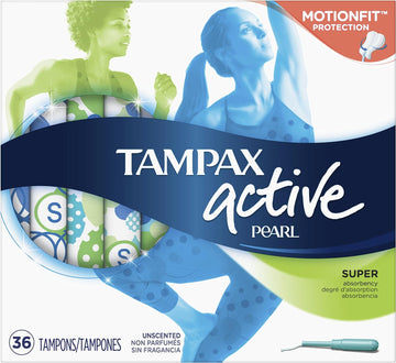 Tampax Pearl Active Plastic Tampons, Super Absorbency, Unscented, 36 Count (Packaging May Vary)