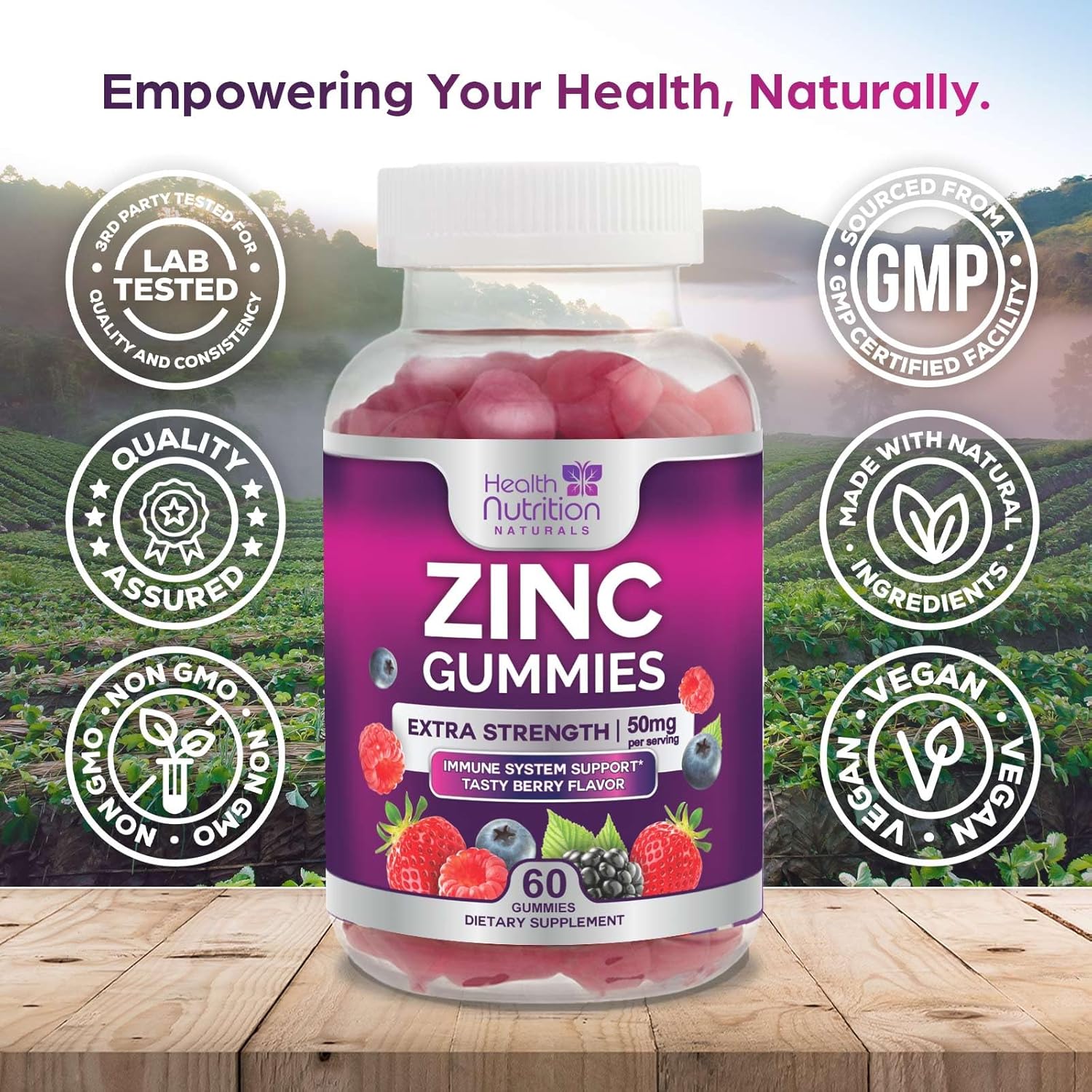 Zinc Gummy For Adults 50Mg, Max Strength Bone, Skin & Immune Support Zinc Gummies, Vegan, Non-Gmo & Gluten Free, Immune Health Support, Nature’S Antioxidant Chewable Zinc Vitamins - 60 Gummies