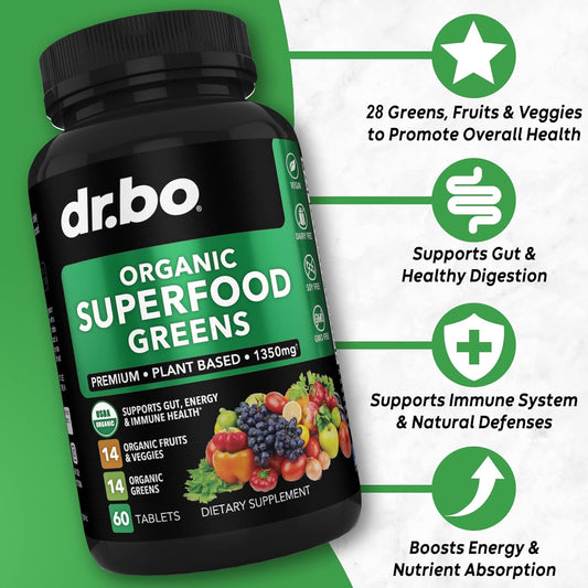 Organic Superfood Greens & Fruit Supplements - Energy Super Food Fruits and Veggies Supplement Tablets - Daily Green Veggie Powder Blend Plus Vegetable Foods Alfalfa, Spinach, Cabbage & Spirulina Tabs