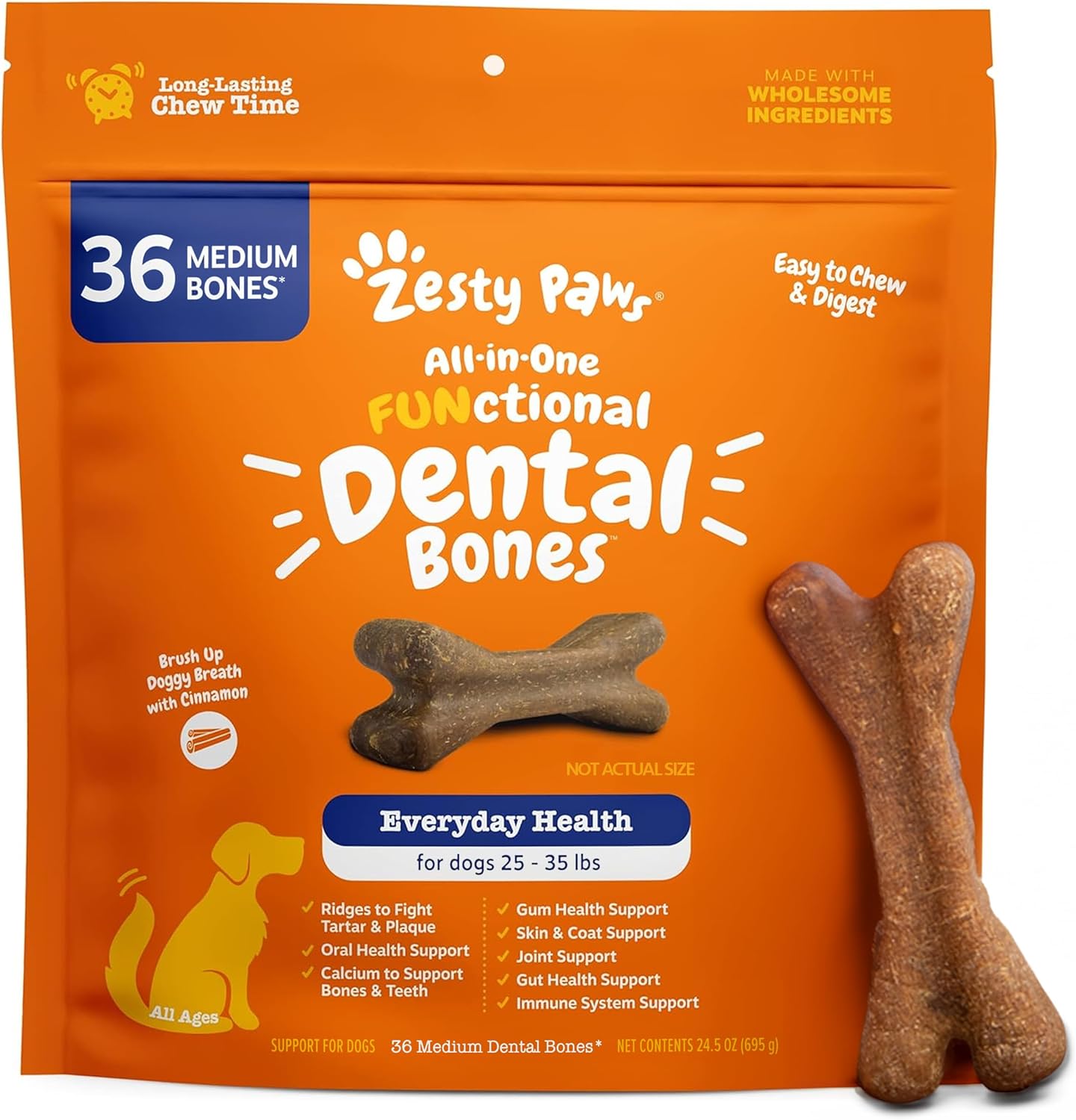 Zesty Paws Dental Bones - Fights Tartar & Plaque - Gum, Teeth & Bone Health - Cinnamon For Dog Breath - Immune, Joint, Gut, Skin & Coat Support - Omega 3 Epa & Dha And Calcium - Medium Dogs - 36 Ct…