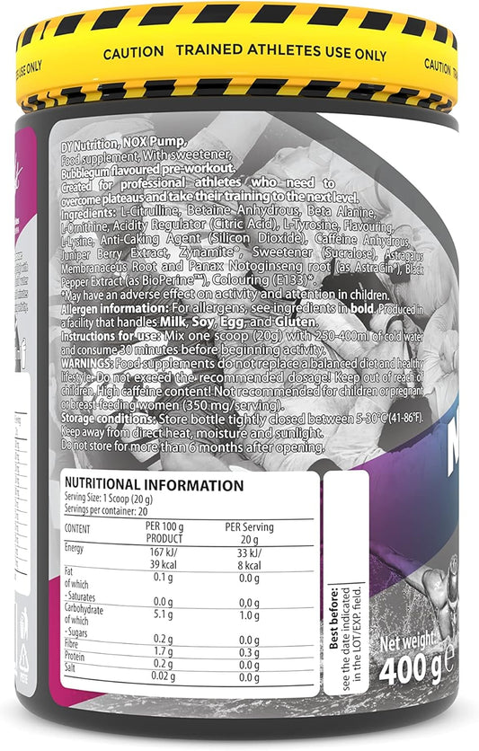 Dy Nutrition - Nox Pump Pre Workout Powder | 350Mg Caffeine | Bubblegum Flavour | High Performance Preworkout For Focus, Pump & Energy With L-Citrulline, Beta Alanine, L-Tyrosine. 400G. 20 Servings