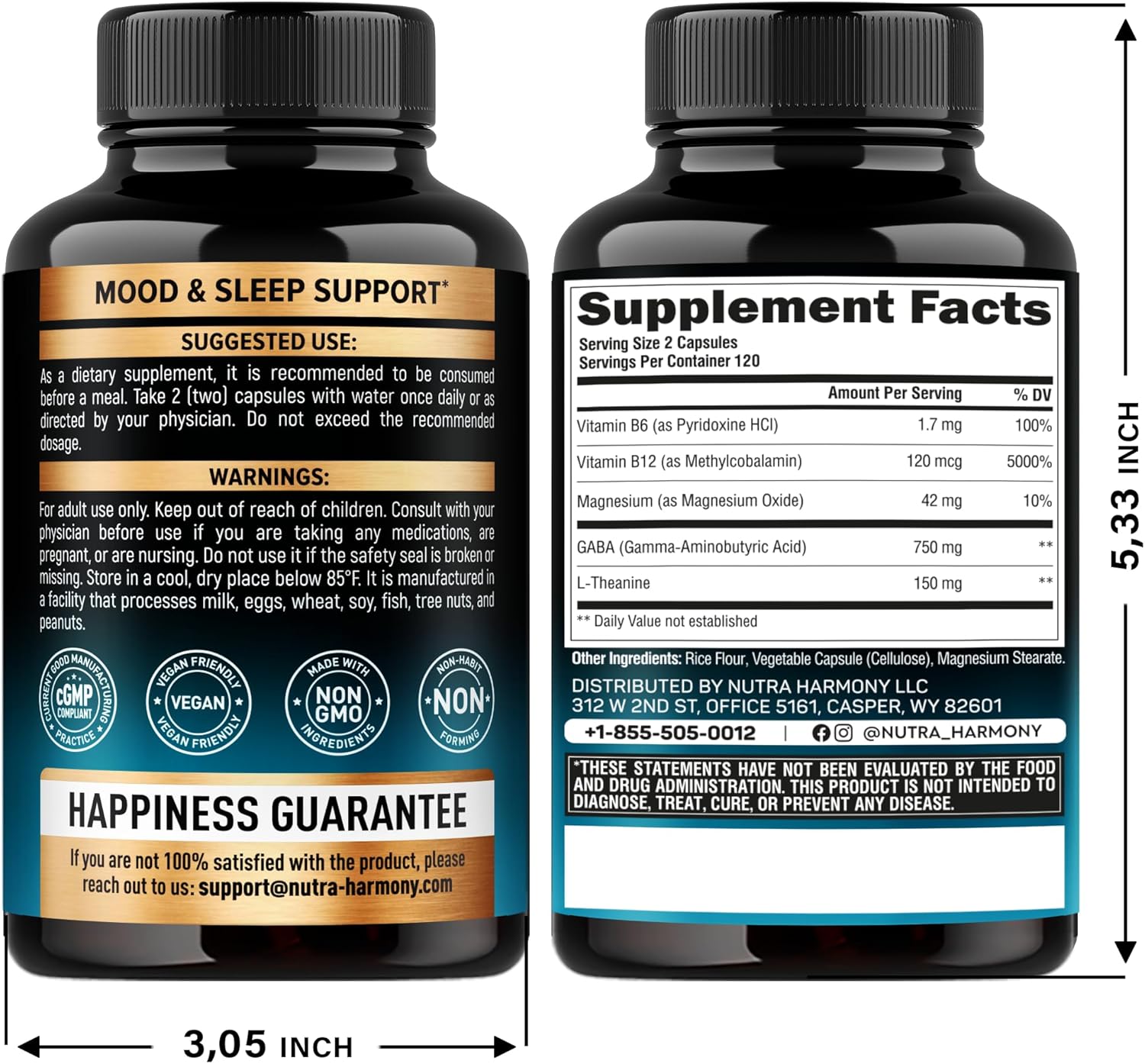 Gaba L-Theanine 900 Mg - Made In Usa - Magnesium | Vitamin B6 - Calm, Sleep, Relaxation & Mood Support - 750 Mg Gamma Aminobutyric Acid, 150 Mg L-Theanine - Non-Habit Forming, Vegan - 120 Capsules