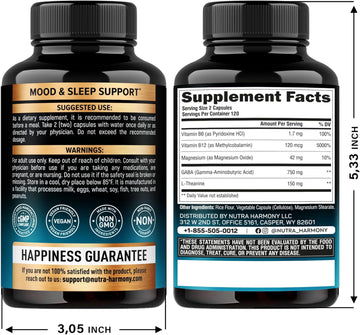 Gaba L-Theanine 900 Mg - Made In Usa - Magnesium | Vitamin B6 - Calm, Sleep, Relaxation & Mood Support - 750 Mg Gamma Aminobutyric Acid, 150 Mg L-Theanine - Non-Habit Forming, Vegan - 120 Capsules