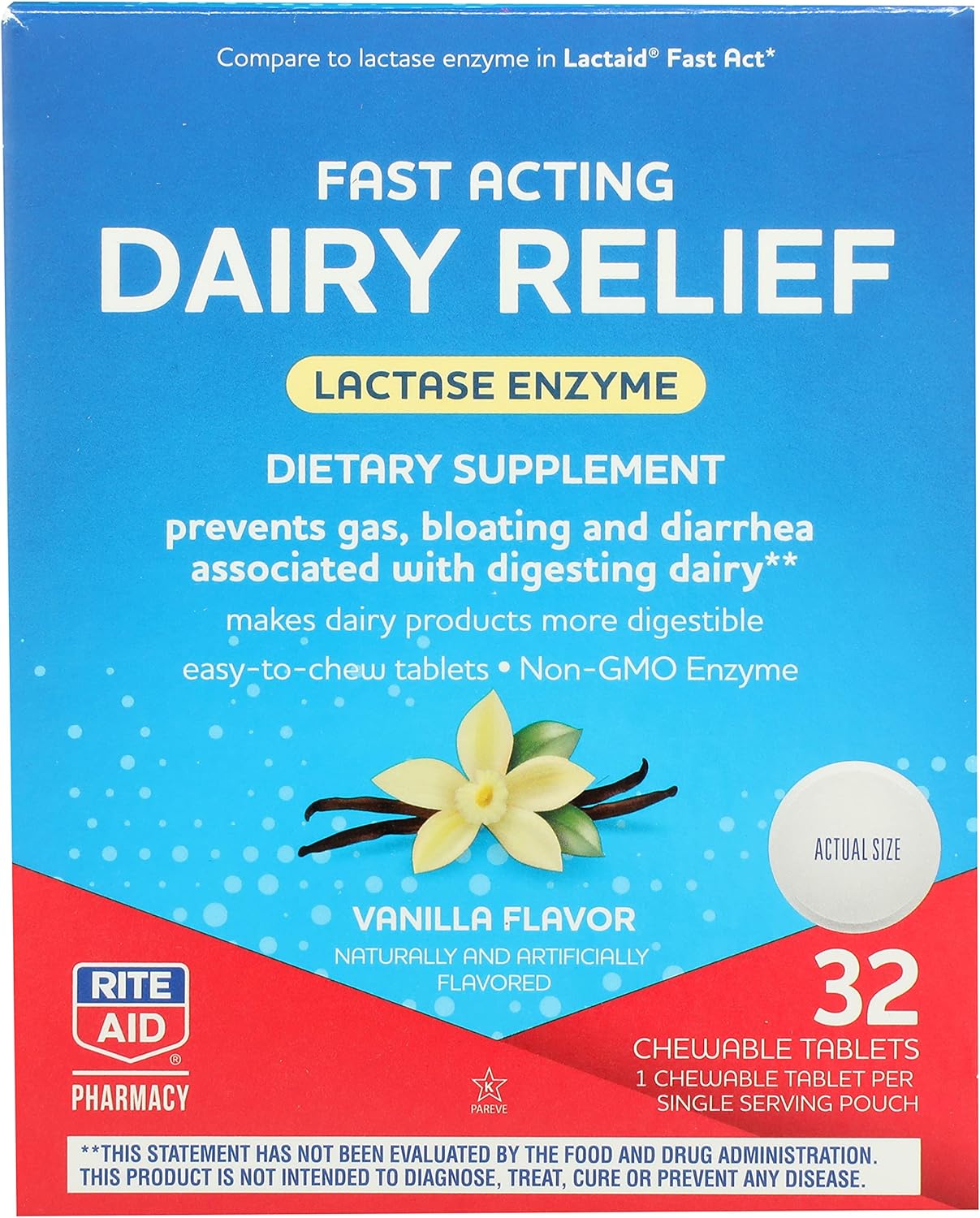 Rite Aid Fast Acting Dairy Relief Chewable Tablets, Vanilla Flavor - 32 Ct. | Lactase Enzyme Supplement | Gas & Bloating Relief | Lactose Intolerance Pills | Dairy Relief Pills | Enzymes for Digestion