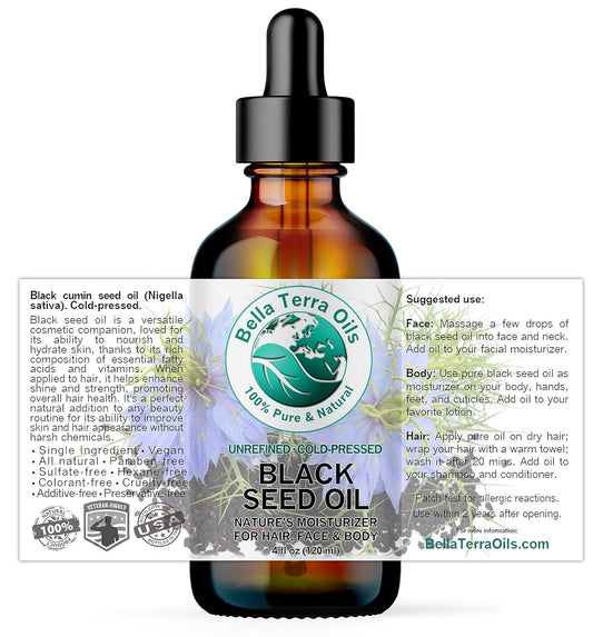 Bella Terra Oils - Black Seed Oil 4 oz - Harness the Power of Nigella Sativa, Abundant in Thymoquinone & Essential Fatty Acids, A Luxurious Addition to Your Beauty Routine