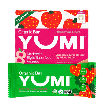 Yumi Organic Toddler Snack Bars (30 Count), Gluten-Free, No Added Sugar, 7+ Vegetables, Soft-Baked Crust, Healthy Snack Bars For Kids, School Safe For Kids Lunch Boxes (30, Strawberry & Rhubarb)