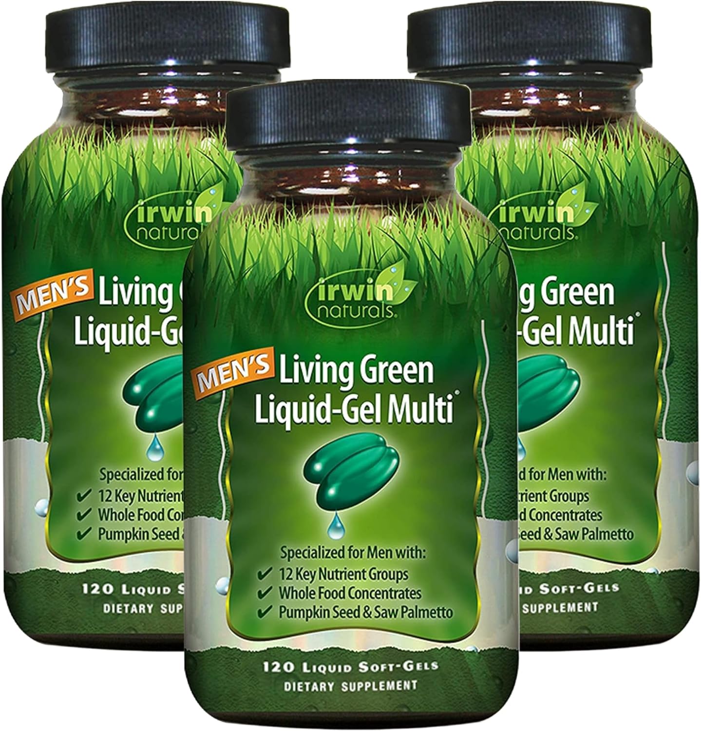 Irwin Naturals Men'S Living Green Liquid-Gel Multi - 70 Essential Nutrients, Full-Spectrum Vitamins, Wholefood Blend - Targeted Adrenal & Brain Support - 120 Liquid Softgels (Pack Of 3)