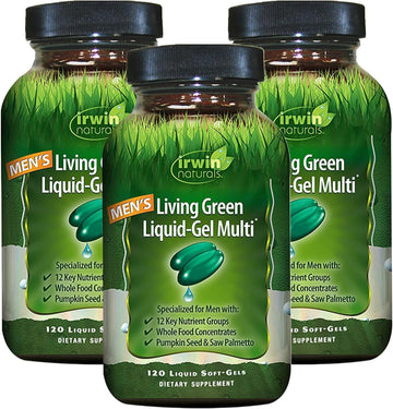 Irwin Naturals Men'S Living Green Liquid-Gel Multi - 70 Essential Nutrients, Full-Spectrum Vitamins, Wholefood Blend - Targeted Adrenal & Brain Support - 120 Liquid Softgels (Pack Of 3)