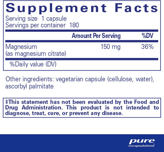 Pure Encapsulations Magnesium (Citrate) - Supplement For Sleep, Heart Health, Cognitive Health, Bone Health, Energy, Muscles, And Metabolism* - With Premium Magnesium - 180 Capsules