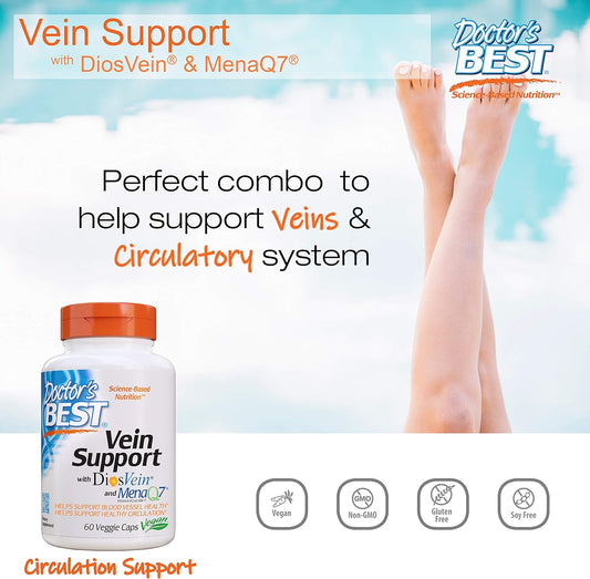 Doctor'S Best Vein Support With Diosvein & Menaq7, Circulation For Healthy Legs, Non-Gmo, Gluten & Soy Free, Vegan, 60 Count
