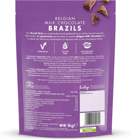 Forest Feast Belgian Milk Chocolate Brazil Nuts 1Kg | Natural Gluten Free Snack Coated In Milk Chocolate, High Protein, Chocolate Covered Brazil Nuts