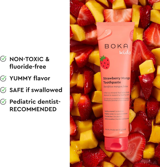 Boka Fluoride Free Toothpaste- Nano Hydroxyapatite, Remineralizing, Sensitive Teeth, Whitening- Dentist Recommended For Adult, Kids Oral Care- Strawberry Mango Flavor, 4Oz 3Pk