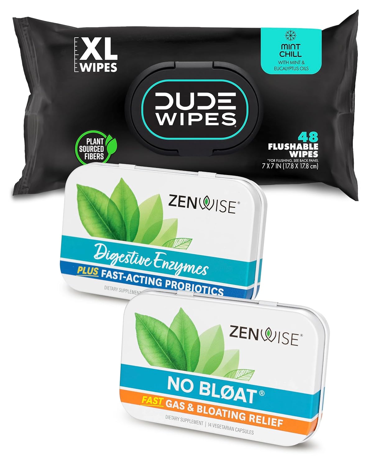 Dude Wipes + Zenwise #2 Plus Bundle – 48 Flushable Wipes + 15 Digestive Enzymes With Probiotics And Prebiotics + 14 No Bloat Caps – For Digestive, Gut, And Butt Health