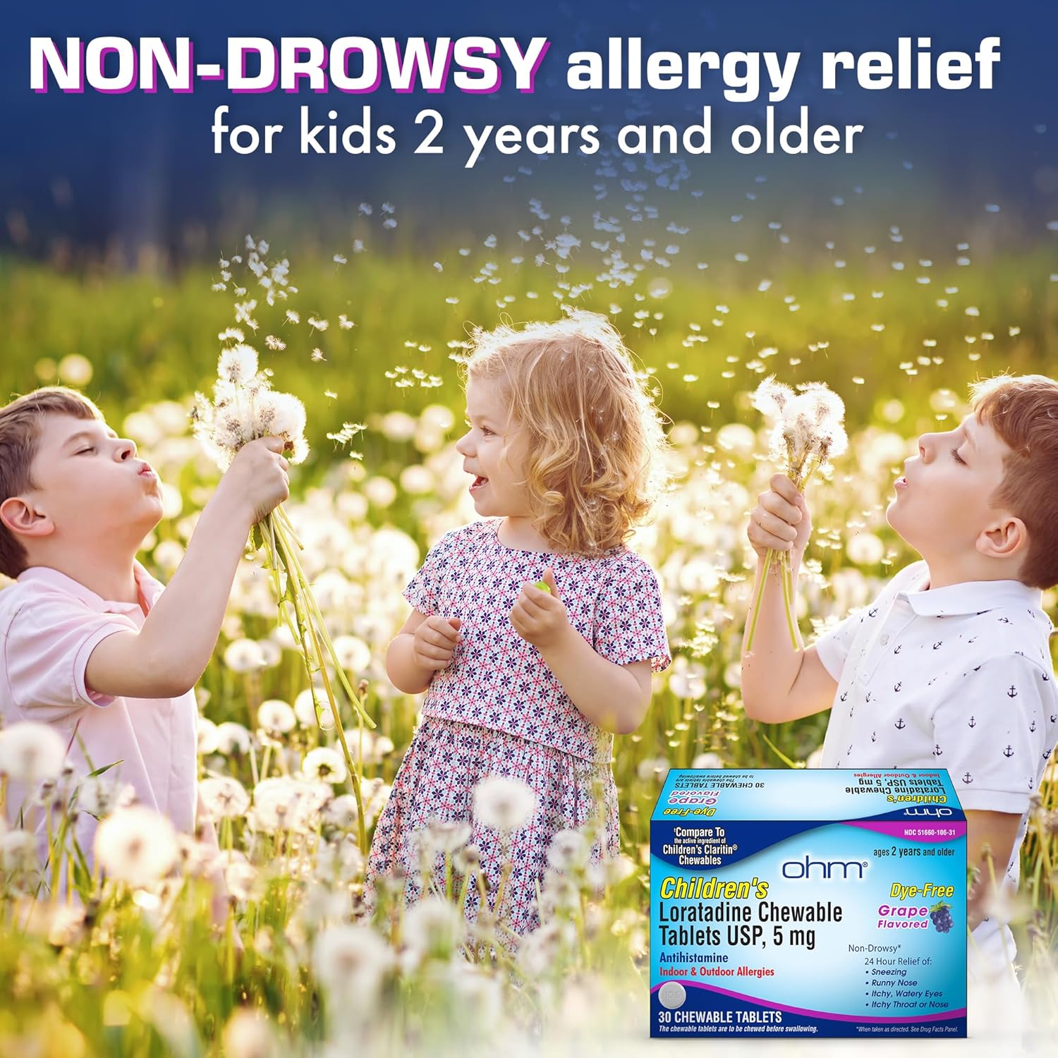 Ohm Children’S Loratadine Chewable, Dye Free, Bubblegum, Non-Drowsy 24H Relief Of Sneezing, Runny Nose, Watery Eyes, Itchy Throat Or Nose, Antihistamine, Indoor & Outdoor Allergies, 5Mg, 30 Tablets : Health & Household