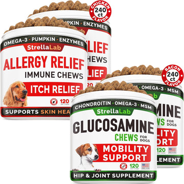 Allergy Relief + Glucosamine Dogs Bundle - Itchy Skin Treatment + Joint Pain Relief - Omega 3 & Pumpkin + Chondroitin, Msm - Dogs Itching & Licking Treats + Hip & Joint Care - 480 Chews - Made In Usa