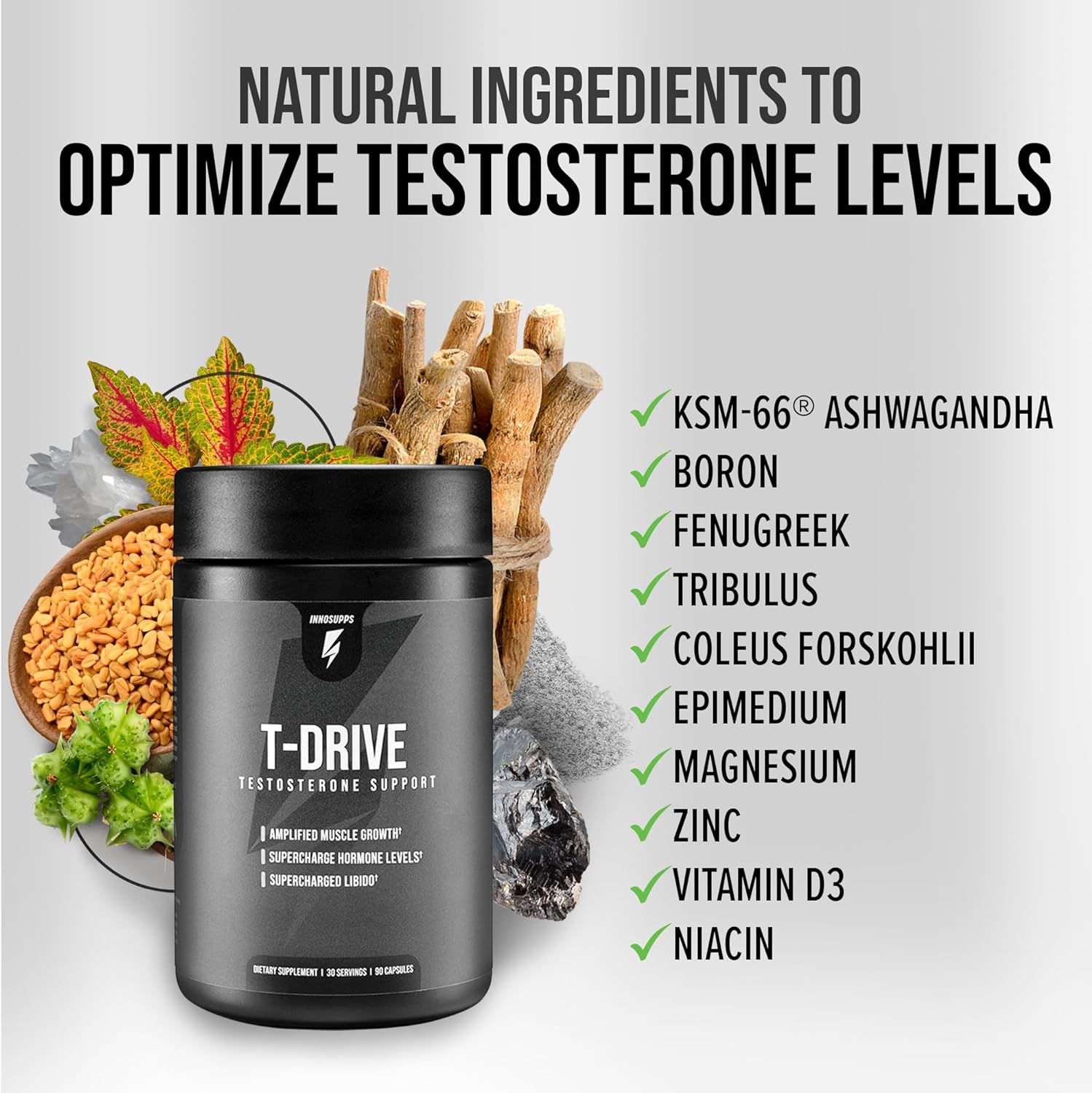 InnoSupps : T-Drive | Testosterone Booster | Amplify Muscle Growth | KSM-66 Ashwagandha, Boron, Fenugreek | 90 Capsules : Health & Household