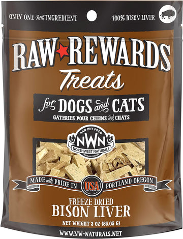 Northwest Naturals Raw Rewards Freeze-Dried Bison Liver Treats for Dogs and Cats - Bite-Sized Pieces - Healthy, 1 Ingredient, Human Grade Pet Food, All Natural - 3 Oz (Packaging May Vary)