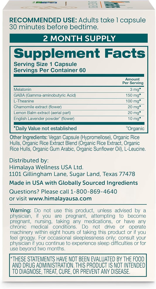 Himalaya Melatonin Sleep Support With Gaba, L-Theanine And Melatonin 3Mg For Sleep Support And Occasional Sleeplessness, 60 Capsules, 2 Month Supply