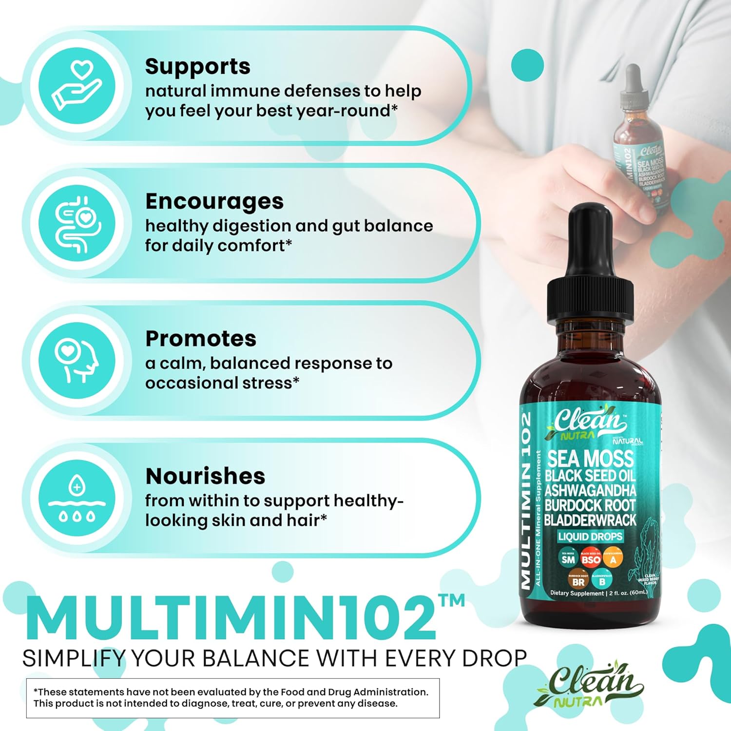 Clean Nutra Organic Sea Moss Drops Supplement | Black Seed Oil Irish Seamoss Ashwagandha Burdock Root & Bladderwrack - Multimineral Liquid Vegan For Gut Heath Energy Skin Immune Support & Hair : Health & Household