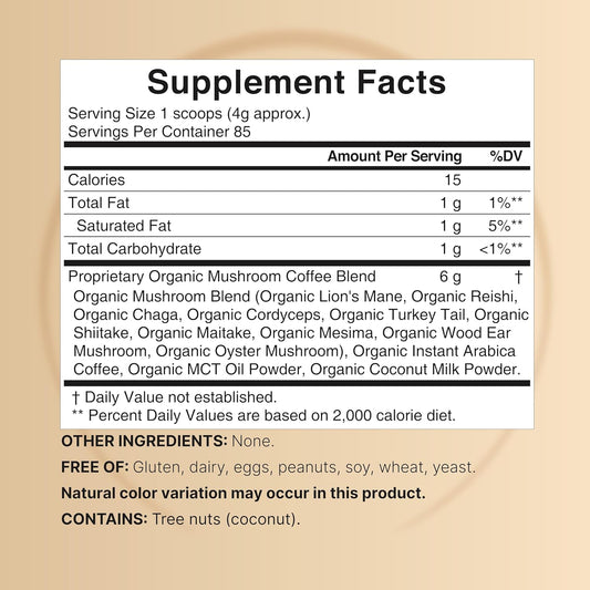 Organic Mushroom Coffee With Mct Oil, 12Oz (85 Servings) | 10 In 1 Adaptogenic Mushrooms – Lions Mane, Shiitake, Reishi & More – Energy, Immune Booster & Brain Health Support – No Fillers