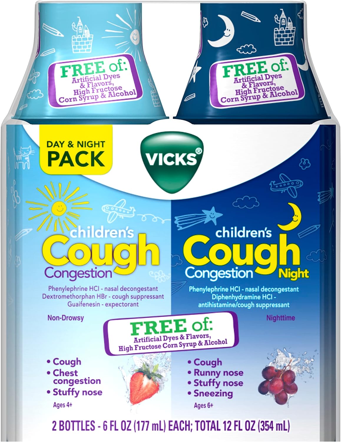 Vicks Children'S, Cough & Congestion Relief, Day & Night Liquid Combo Pack, Free Of Artificial Dyes & Flavors, Non-Drowsy Berry & Nighttime Grape, 6 Fl Oz (Day/Night Twin Pack)