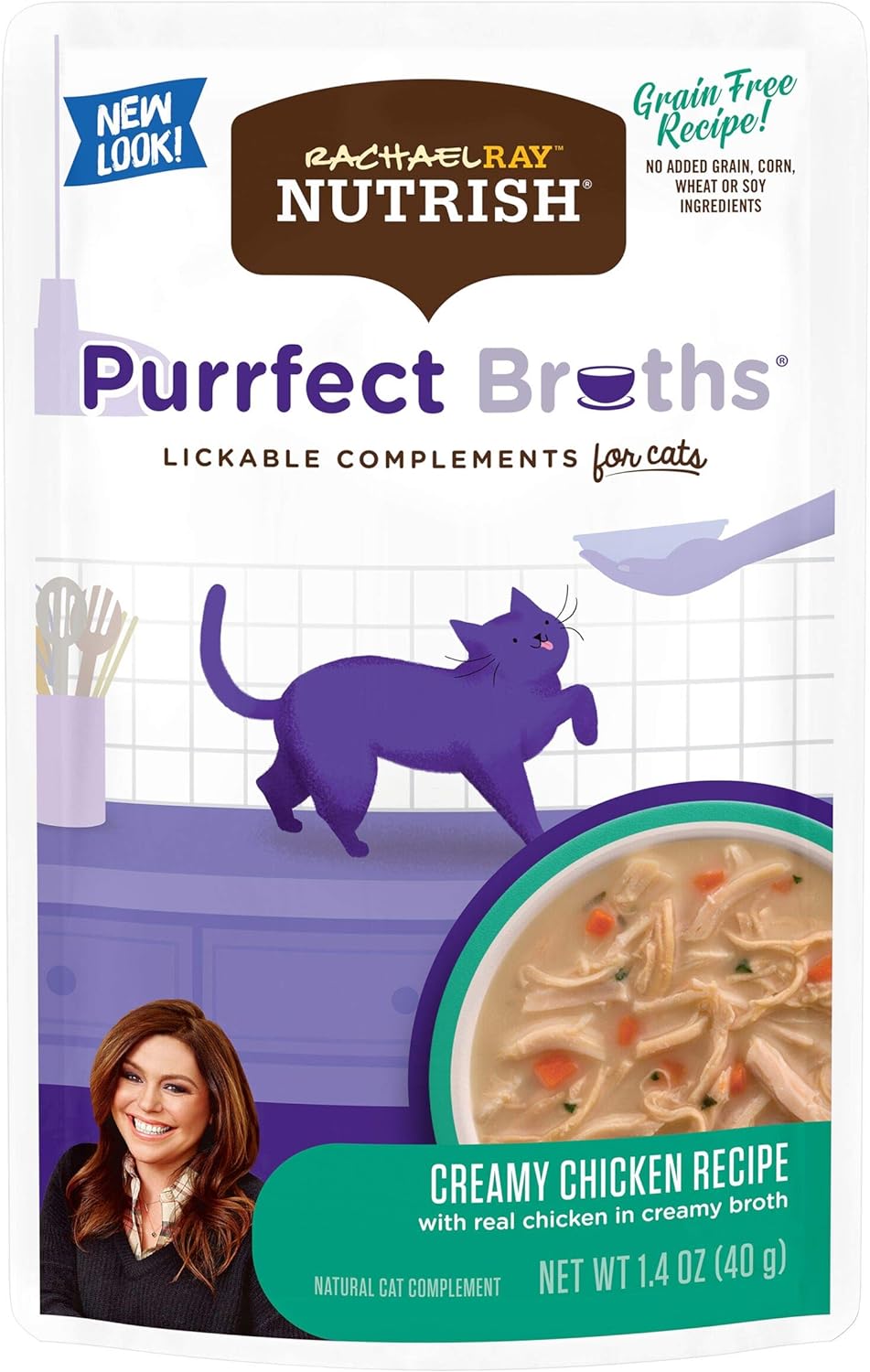 Rachael Ray Nutrish Purrfect Broths Wet Cat Food, Creamy Chicken Bisque With White Meat Chicken & Veggies Recipe, 1.4 Ounce Pouch (Pack Of 24), Grain Free