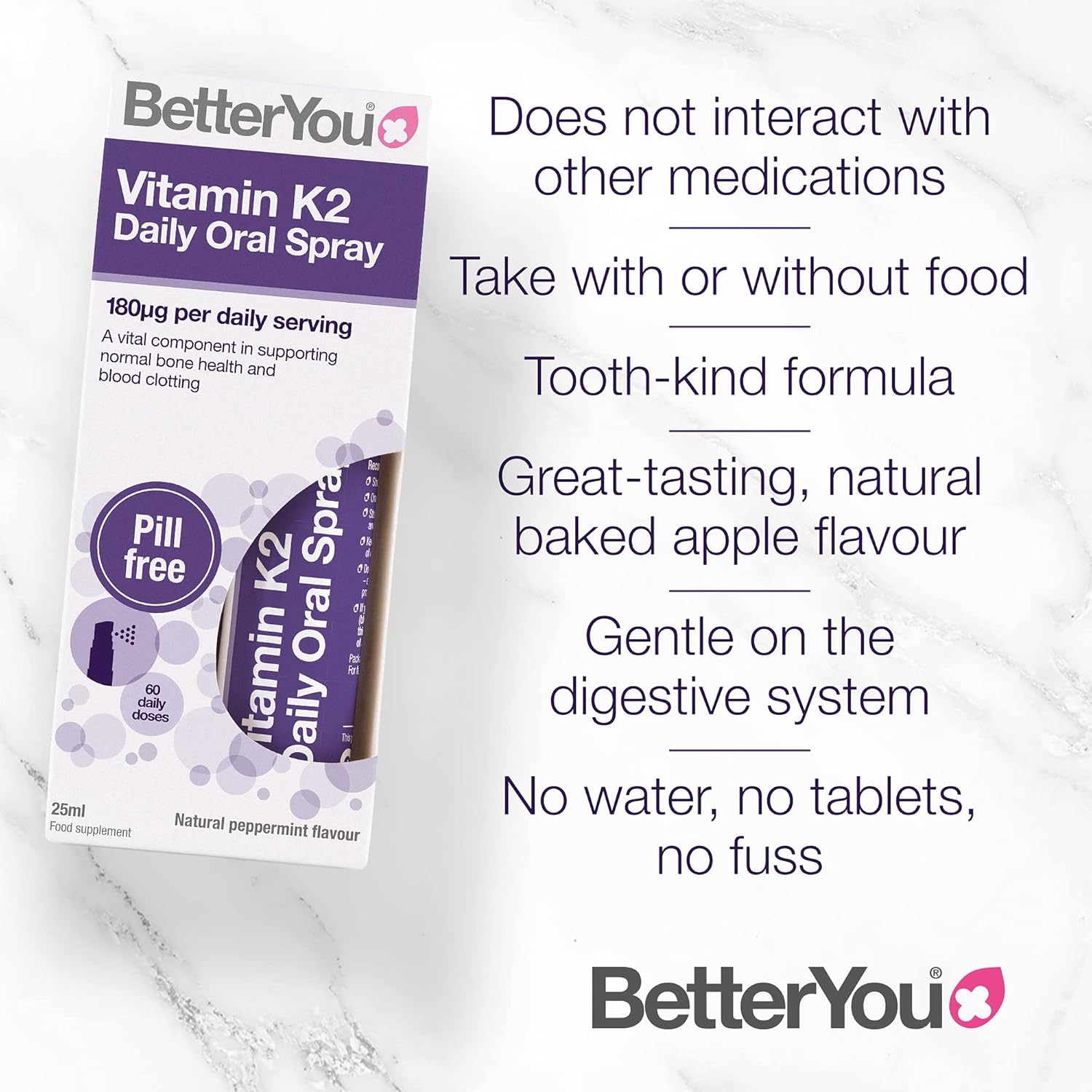 BetterYou Vitamin K2 Daily Oral Spray, Pill-free K2 Supplement, Supports Normal Bone Health and Blood Clotting, 2-month Supply, Made in the UK, Natural Peppermint Flavour : Amazon.co.uk: Health & Personal Care
