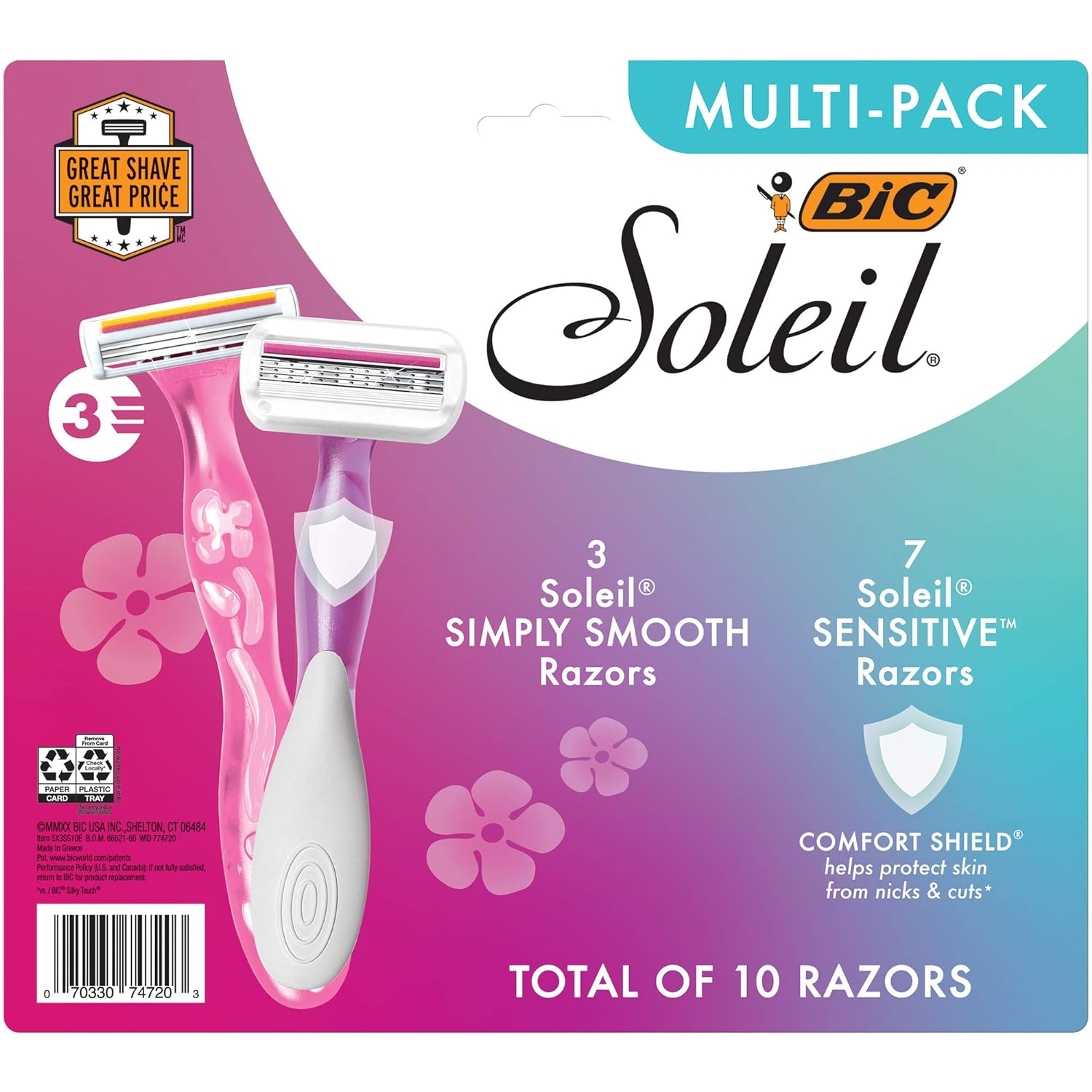 BIC Soleil Simply Smooth Women's Disposable Razors, 3 Blades With Moisture Strip For a Silky Smooth Shave, 10-Count