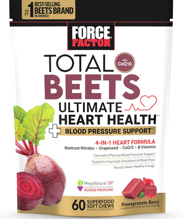 Force Factor Total Beets Ultimate Heart Health Blood Pressure Support Chews With Coq10, Beet Root Powder, Grape Seed Extract, Blood Pressure Supplement For Circulation & Blood Flow, 60 Soft Chews