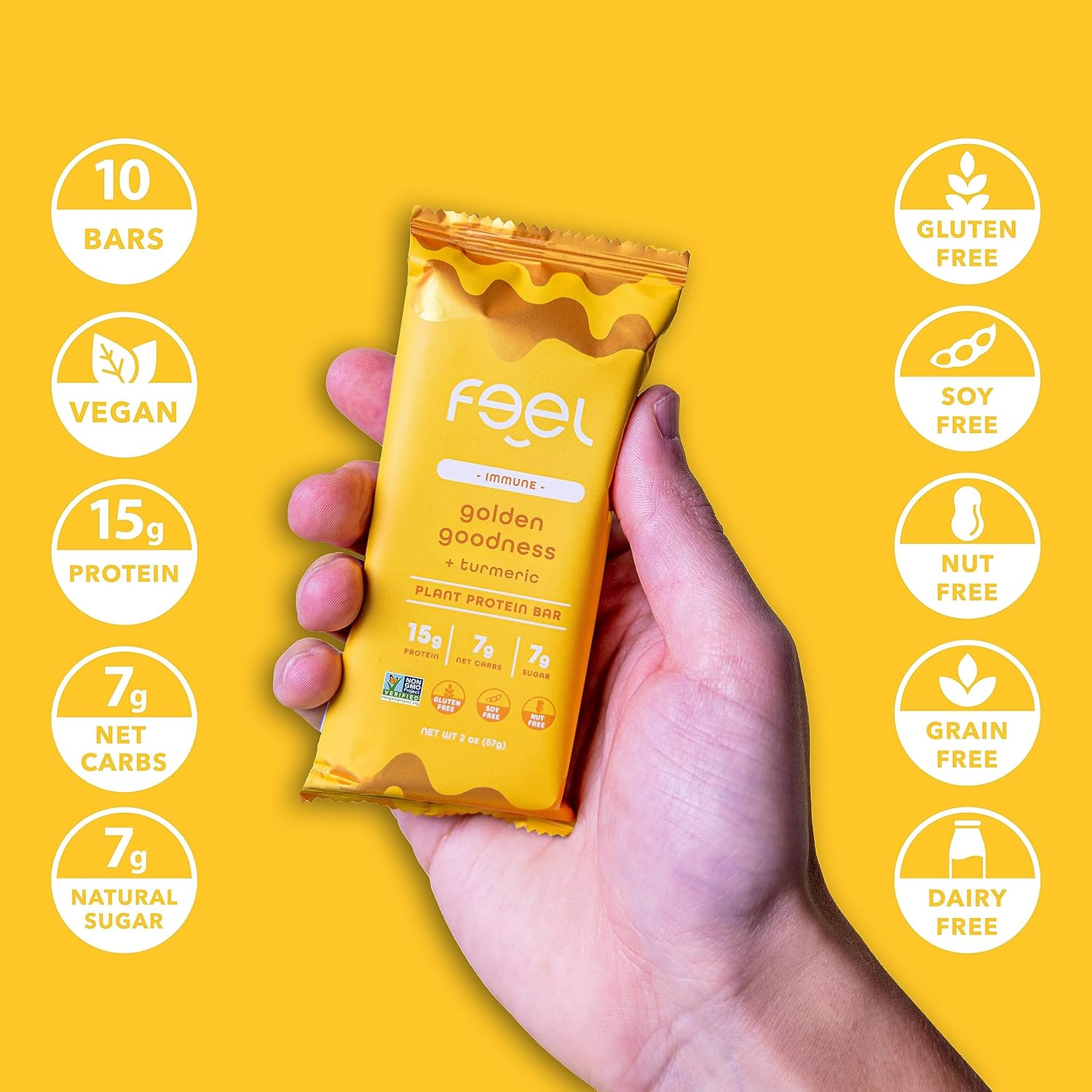 Feel Vegan Protein Bars | Golden Goodness | Keto | Gluten Free | Organic | Turmeric | 15g Plant Protein | Low Carb | High Protein | Dairy Free | Low Sugar | Grain Free | Nut Free | Soy Free | Non GMO - (Golden Goddess, 10 Pack) : Health & Household