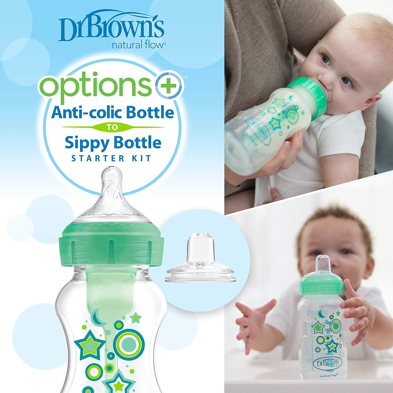 Dr. Brown's Natural Flow Anti-Colic Options+Wide-Neck Sippy Bottle Starter Kit, 9oz/270mL, with Level 3 Medium-Fast Flow Nipple and 100% Silicone Soft Sippy Spout, 2 Pack, Green, 6m+ : Baby