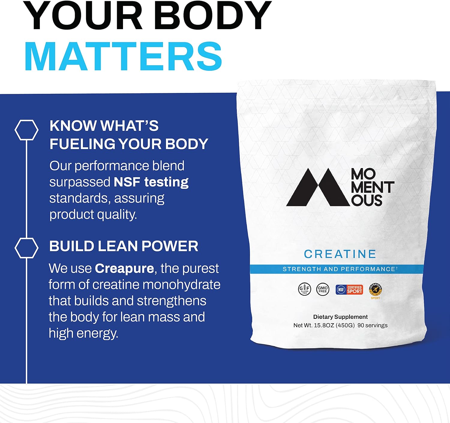 Momentous Creatine Monohydrate Powder - Creapure Creatine Performance - Monohydrate Creatine for Muscle Support, Helps Energy Levels - Creatine for Women & Men - 5g Per Serving, 90 Servings : Health & Household