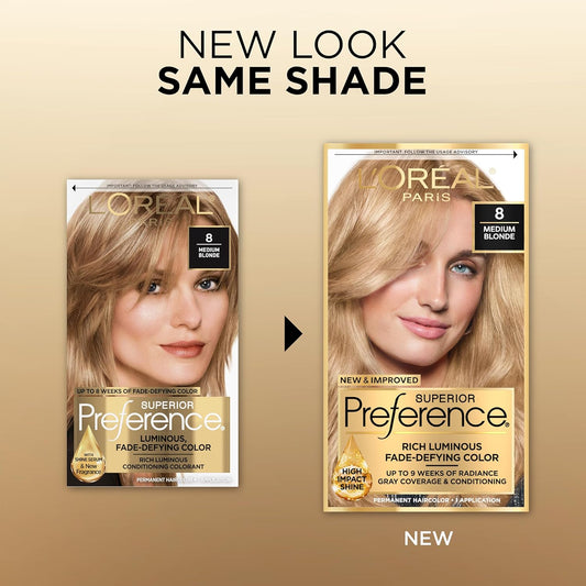 L'Oreal Paris Superior Preference Fade-Defying + Shine Permanent Hair Color, 8 Medium Blonde, Pack Of 1, Hair Dye