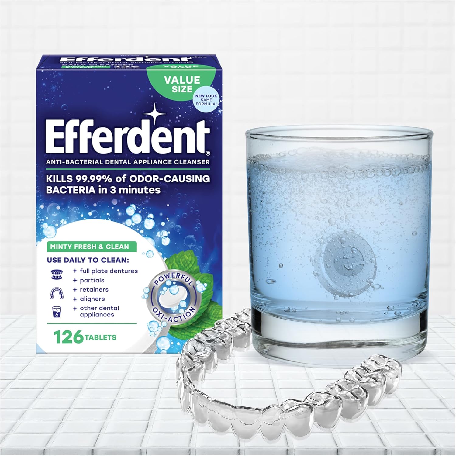 Efferdent Retainer Cleaning Tablets, Denture Cleaning Tablets for Dental Appliances, Minty Fresh & Clean, 126 Count : Health & Household