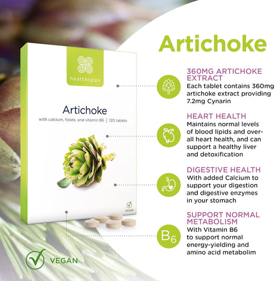 Healthspan Artichoke Extract 360mg (120 Tablets) | Supports Digestion & Liver Health | High Strength Vegan Artichoke Tablets with 7.2mg of Cynarin | with Calcium, Folate & Vitamin B6 | Vegan